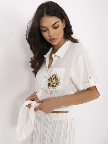 Ecru casualowa koszula damska z muślinu z nadrukiem i kieszenią