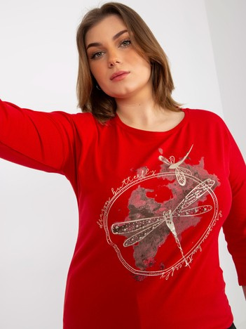 Czerwona bluzka plus size z rękawem 3/4 i aplikacją