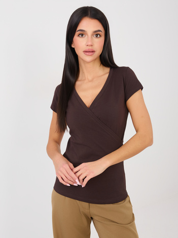 Czekoladowy t-shirt z kopertowym dekoltem Messy RUE PARIS