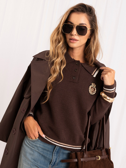 Brązowy damski sweter oversize z kołnierzem