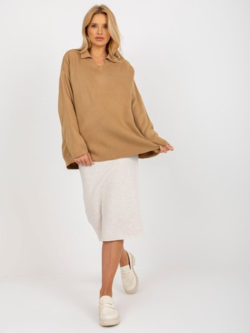 Camelowy długi sweter oversize z kołnierzykiem RUE PARIS