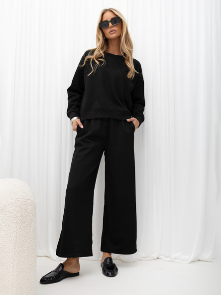 Czarny ocieplany komplet basic ze spodniami wide leg