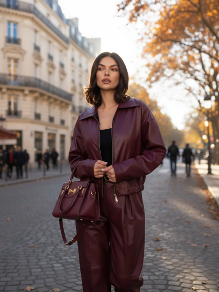 Burgundowa skórzana kurtka z kołnierzykiem RUE PARIS
