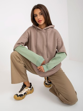 Ciemnobeżowa bluza basic z kapturem i troczkami RUE PARIS