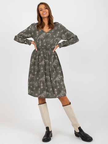Khaki midi sukienka z printami i dekoltem V FRESH MADE