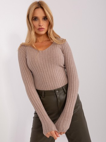 Ciemnobeżowy sweter klasyczny w prążek