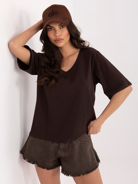 Czekoladowy damski t-shirt oversize z dekoltem V RUE PARIS