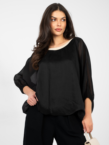 Czarna luźna bluzka z ozdobnym dekoltem