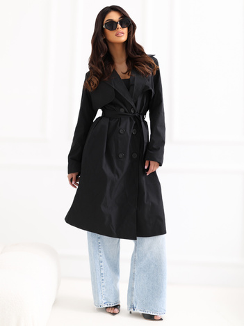 Czarny dwurzędowy trencz z paskiem RUE PARIS