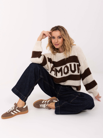 Ecru-brązowy damski sweter oversize z napisem