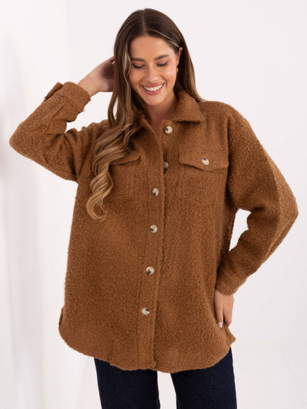 Camelowa wierzchnia koszula boucle z kieszeniami