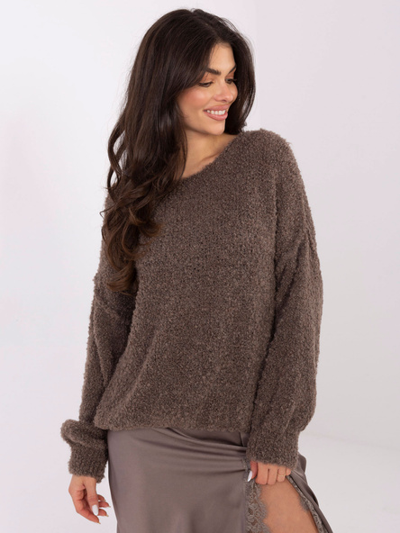 Brązowy damski sweter boucle z przeszyciami