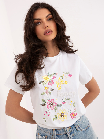 Ecru damski t-shirt z kwiatowym haftem