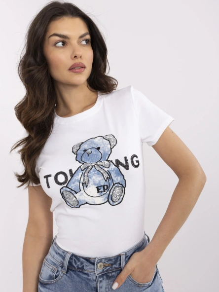 Ecru-niebieski damski t-shirt z cekinami