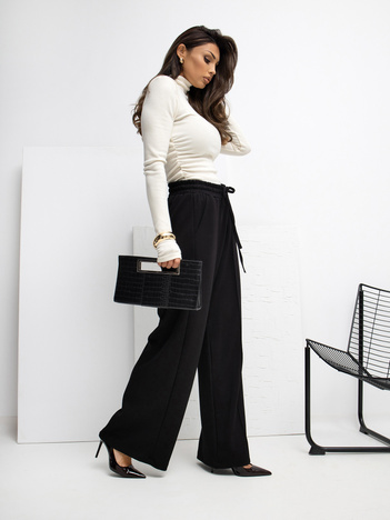 Czarne szerokie spodnie basic z wiązaniem RUE PARIS