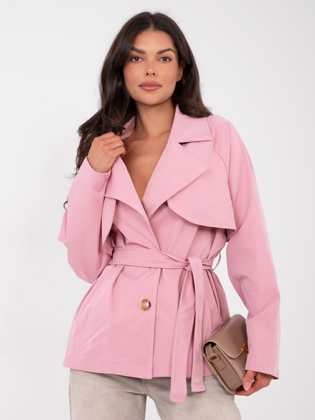 Jasnoróżowy przejściowy płaszcz z paskiem RUE PARIS