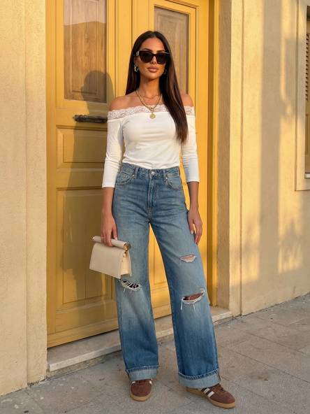 Ecru damska bluzka hiszpanka z koronką RUE PARIS