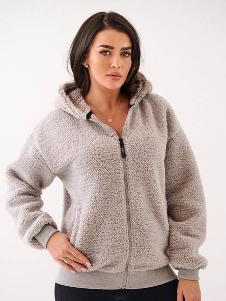 Jasnoszara futrzana bluza o kroju oversize