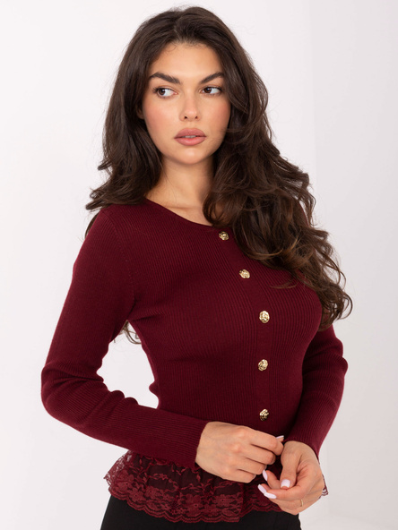 Bordowy damski sweter z falbanami na dole