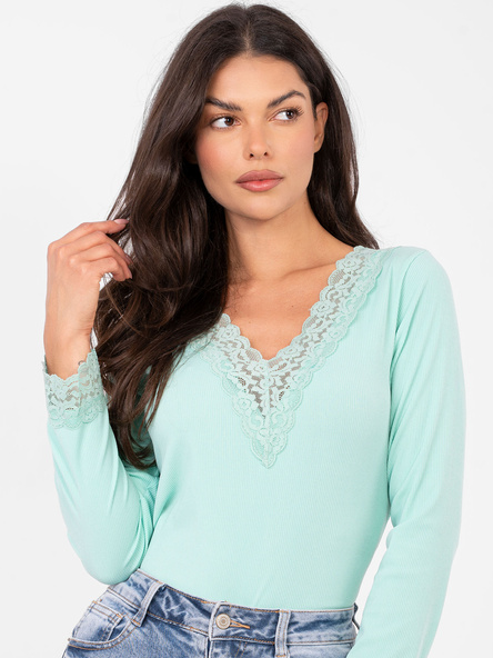 Miętowa bluzka z koronkowym wykończeniem