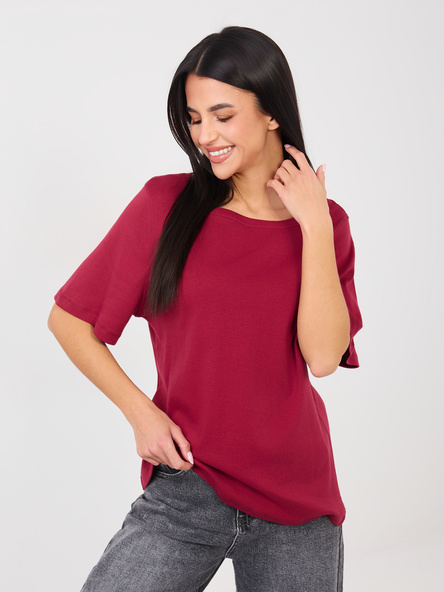 Bordowy t-shirt basic z okrągłym dekoltem RUE PARIS