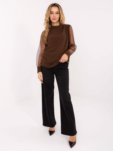 Brązowa wizytowa bluzka z guzikami na ramieniu