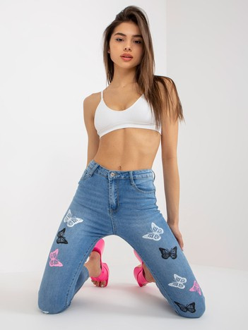 Niebieskie damskie spodnie jeansowe w motyle