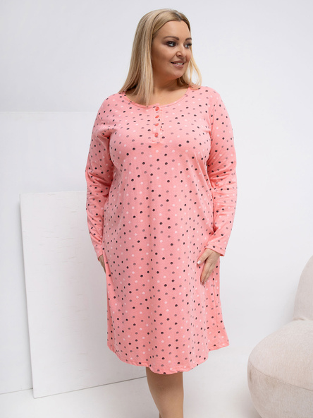 Brzoskwiniowa koszula nocna plus size w kropki do spania z długim rękawem