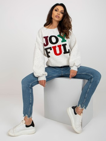 Jasnoszara luźna bluza bez kaptura z naszywkami