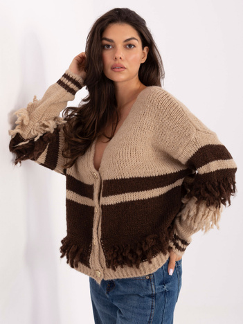 Beżowo-brązowy rozpinany sweter w paski