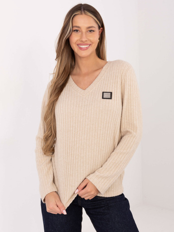 Beżowy damski sweter w szeroki prążek
