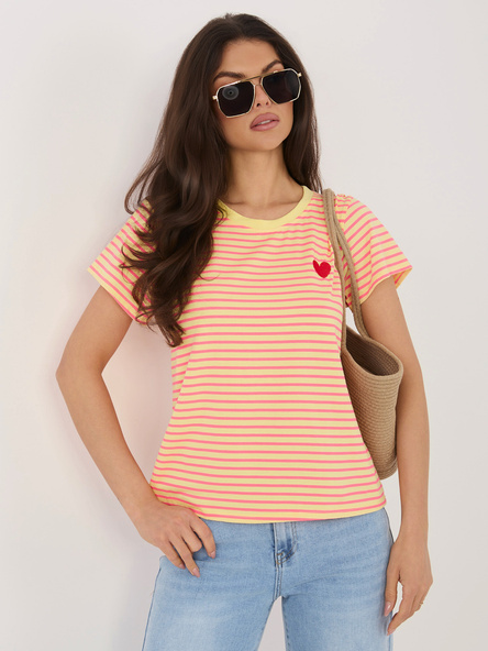 Fluo różowo-żółty t-shirt z haftem w kształcie serca