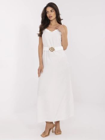 Ecru sukienka ozdobiona falbanką przy dekolcie
