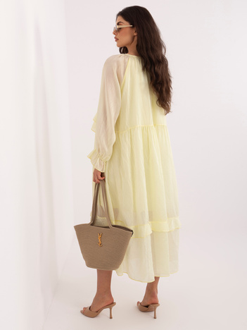 Maślana żółta midi sukienka z wiązaniem przy dekolcie