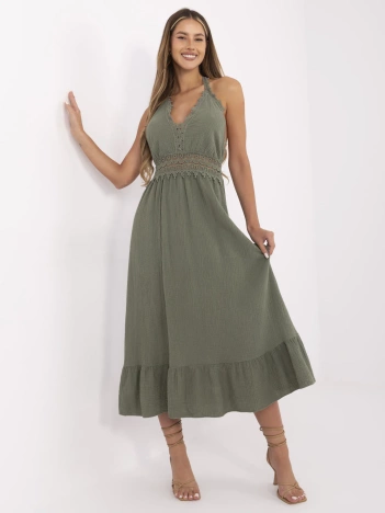Khaki muślinowa sukienka boho z koronką