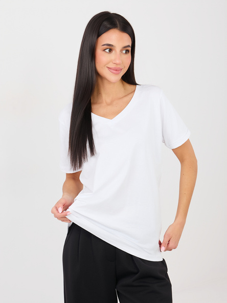 Biały damski t-shirt z dekoltem w serek RUE PARIS