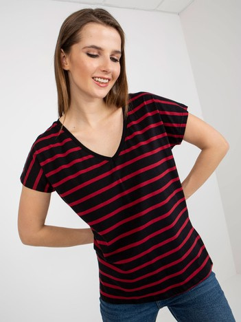 Czarno-czerwony damski t-shirt basic w paski z dekoltem V