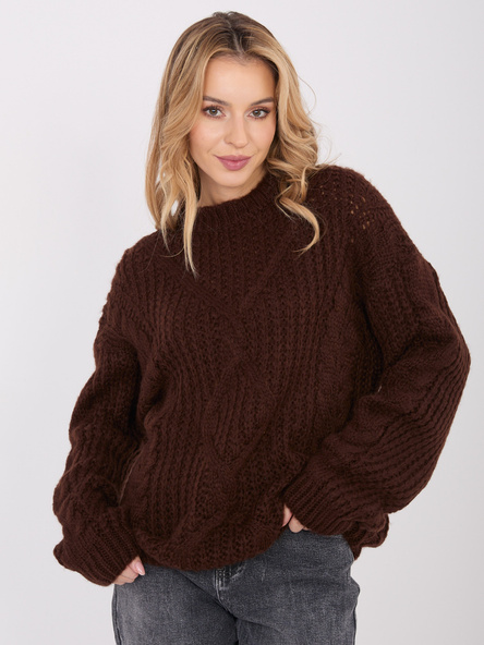Ciemnobrązowy damski sweter oversize z warkoczami