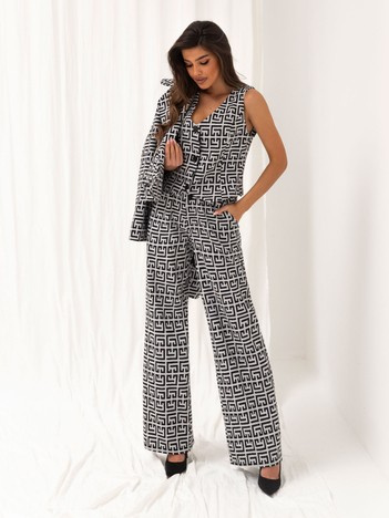 Szaro-czarne proste spodnie w geometryczny wzór