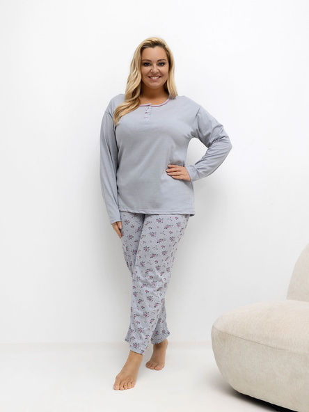 Szara piżama plus size ze spodniami w różę