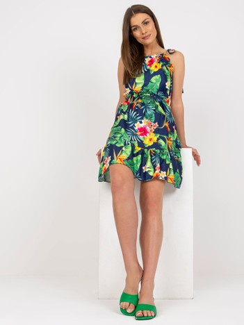 Granatowa letnia sukienka z falbaną i nadrukiem RUE PARIS