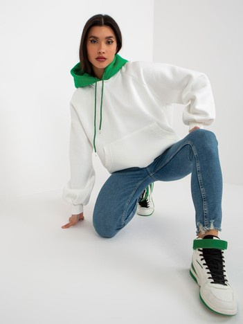 Ecru-zielona luźna dresowa bluza basic z kapturem