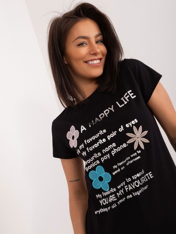 Czarny t-shirt z aplikacją w kwiaty BASIC FEEL GOOD