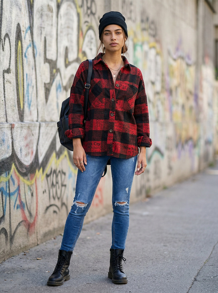 Czarno-czerwona wierzchnia koszula w kratę z nadrukiem