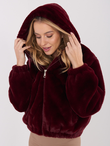 Bordowa krótka kurtka futrzana z kieszeniami