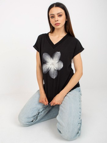 Czarna bluzka z dekoltem w serek i printem RUE PARIS