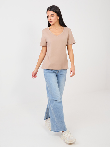 Ciemnobeżowy t-shirt basic z dekoltem V RUE PARIS