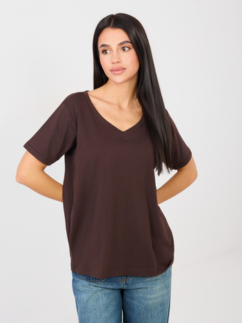 Czekoladowy t-shirt basic z dekoltem V RUE PARIS