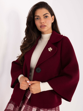Bordowy damski płaszcz z broszką RUE PARIS