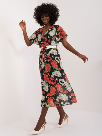 Czarno-czerwona sukienka midi w kwiaty
